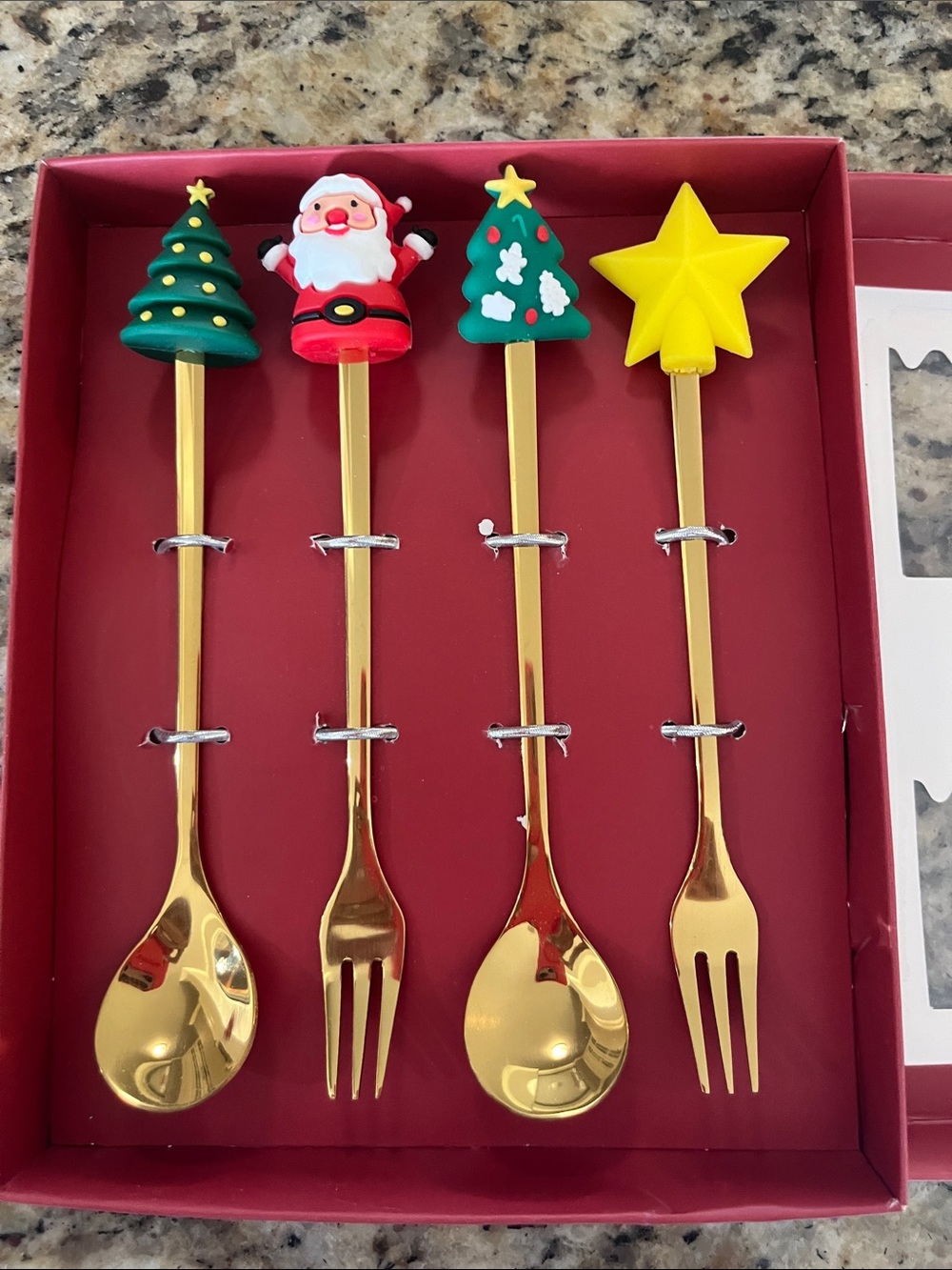 Festive Gold Holiday Dessert Spoon & Fork Set with Christmas Toppers